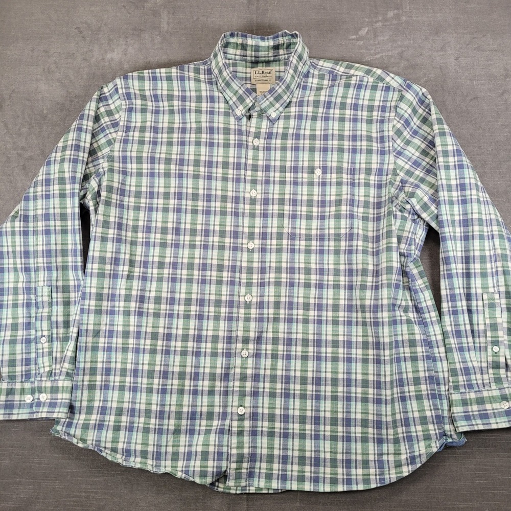 LL Bean Mens XL Y2K Traditional Fit Plaid Button Down Shirt Blue Green